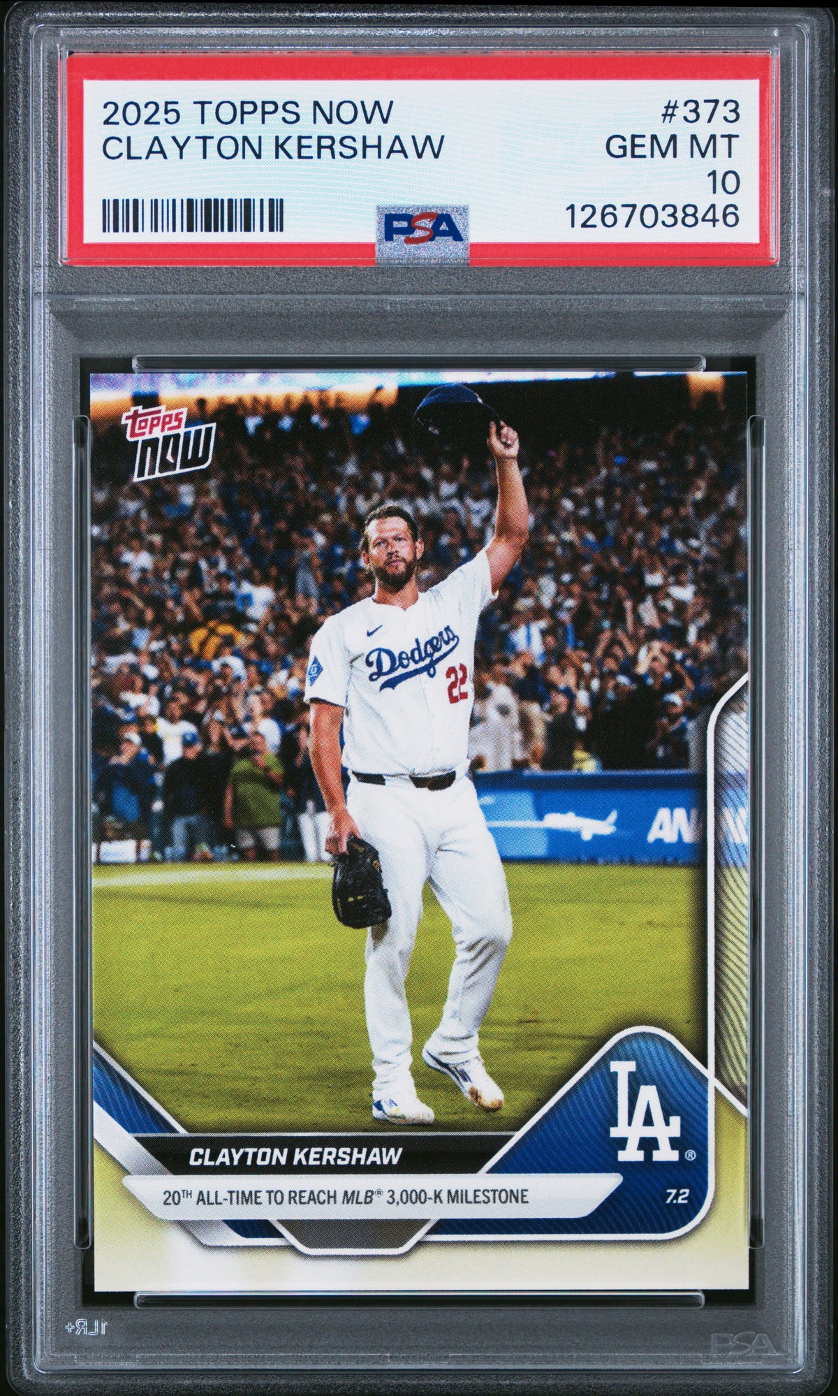 Clayton Kershaw 2025 Topps Now 3000 Strikeout Baseball Card #373 Graded PSA 10 Cert # 126703846-Powers Sports Memorabilia