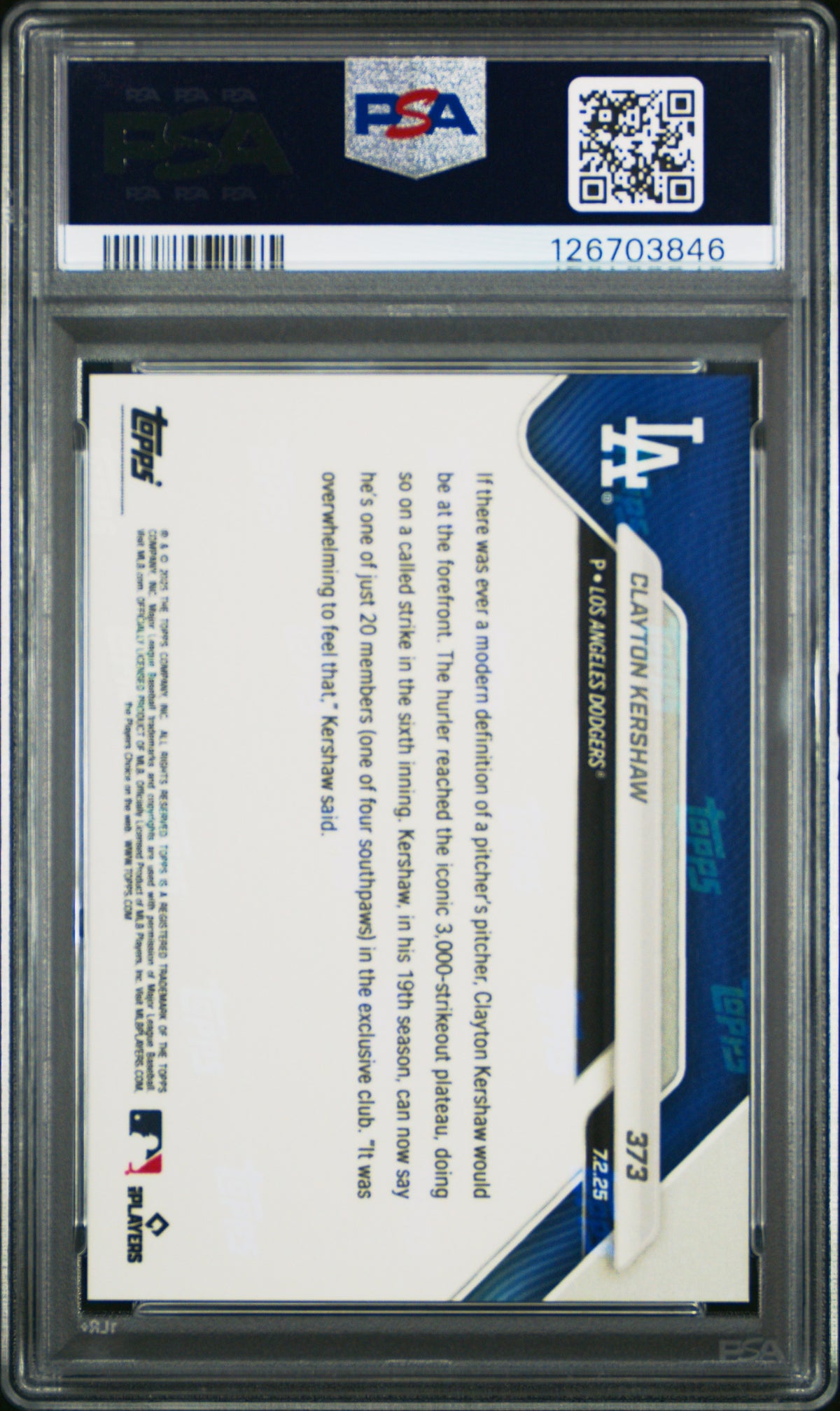 Clayton Kershaw 2025 Topps Now 3000 Strikeout Baseball Card #373 Graded PSA 10 Cert # 126703846-Powers Sports Memorabilia