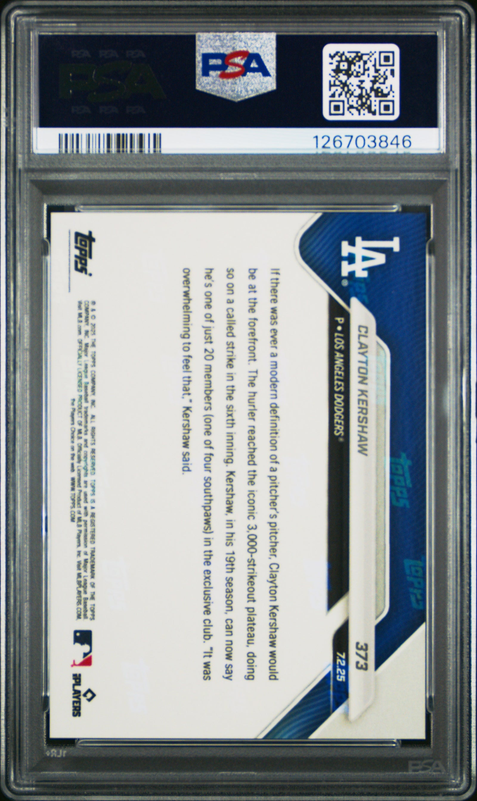Clayton Kershaw 2025 Topps Now 3000 Strikeout Baseball Card #373 Graded PSA 10 Cert # 126703846-Powers Sports Memorabilia