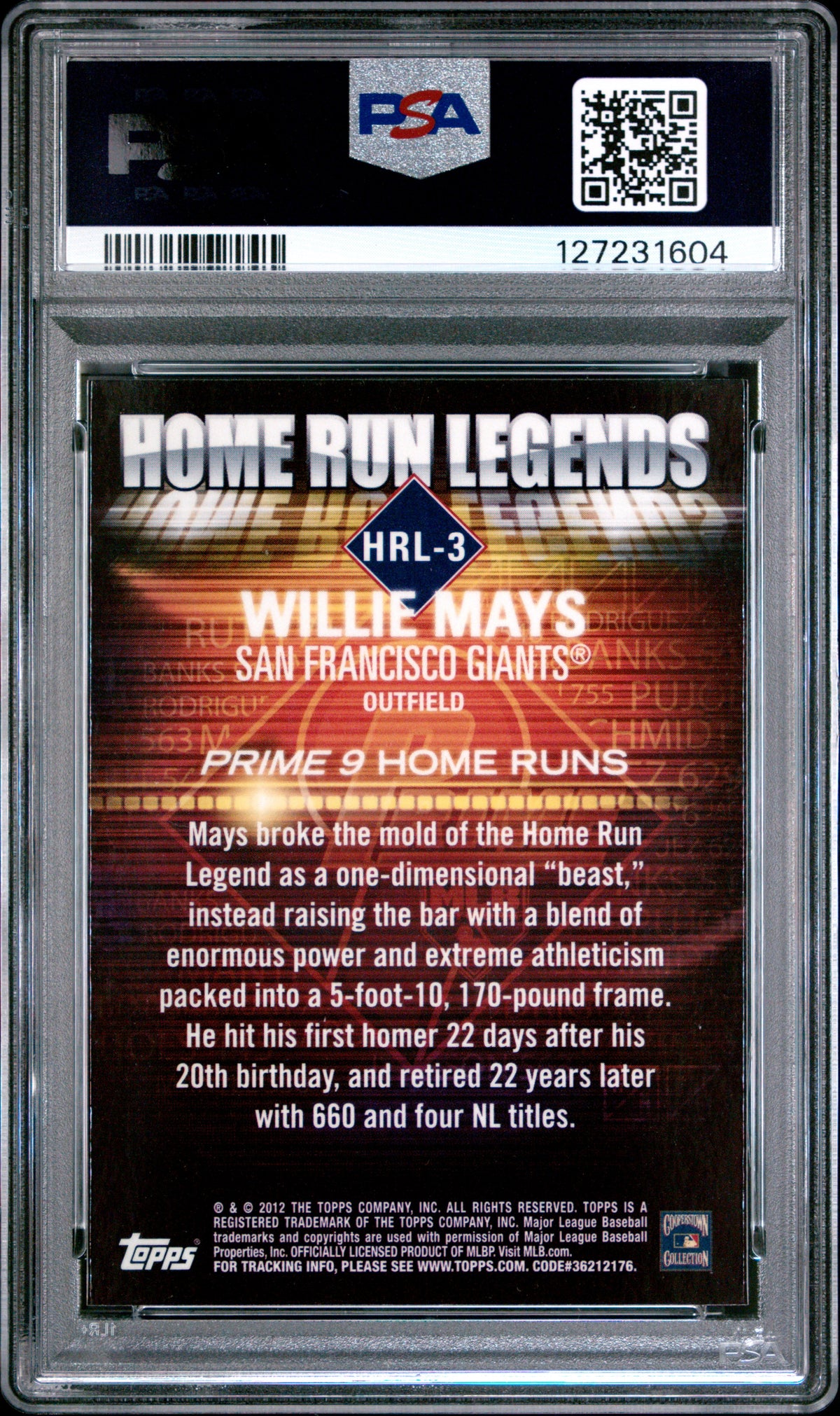 Willie Mays 2012 Topps Prime 9 Home Run Card #HRL-3 PSA 10
