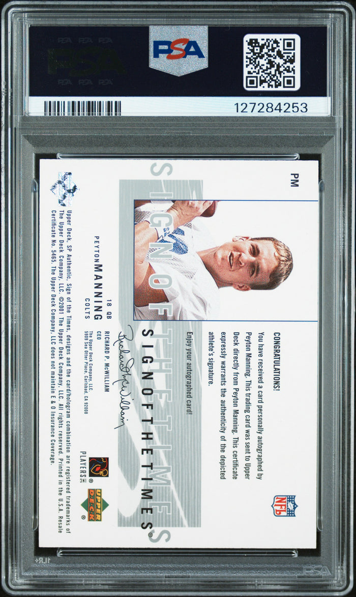 Peyton Manning 2001 SP Authentic Sign of the Times Signed Football Card #PM Graded PSA 8 Auto 10 Cert #127284253-Powers Sports Memorabilia