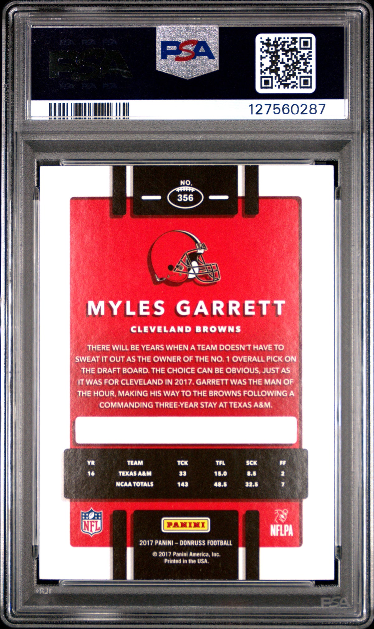 Myles Garrett 2017 Panini Donruss Cleveland Browns Football RC Rookie Card #356 Graded PSA 9 Cert #127560287-Powers Sports Memorabilia