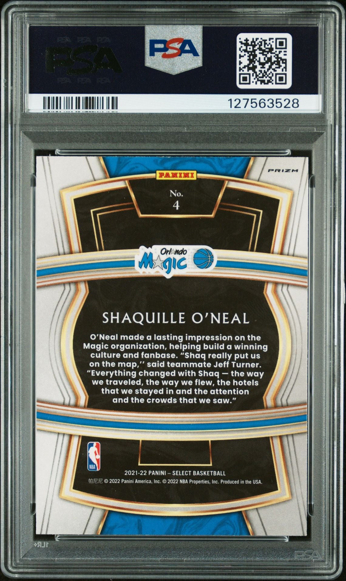 Shaquille O'Neal 2021 Select Signed Basketball Card #4 SLCT CMPNY-Blue Prizm Graded PSA 10 Auto Auth Cert #127563528
