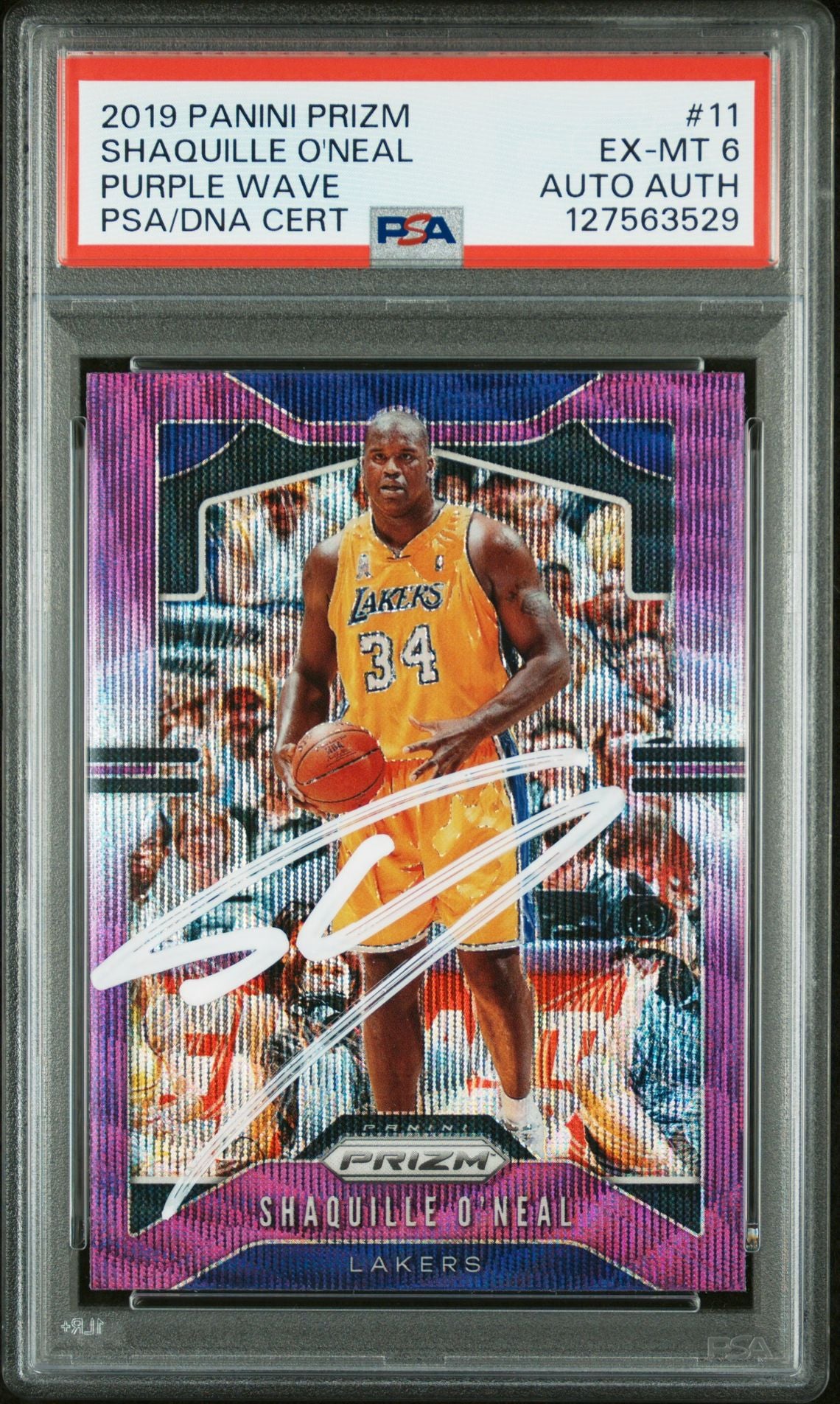 Shaquille O&#39;Neal 2019 Panini Prizm Signed Basketball Card #11 Purple Wave Graded PSA 6 Auto Auth Cert #127563529