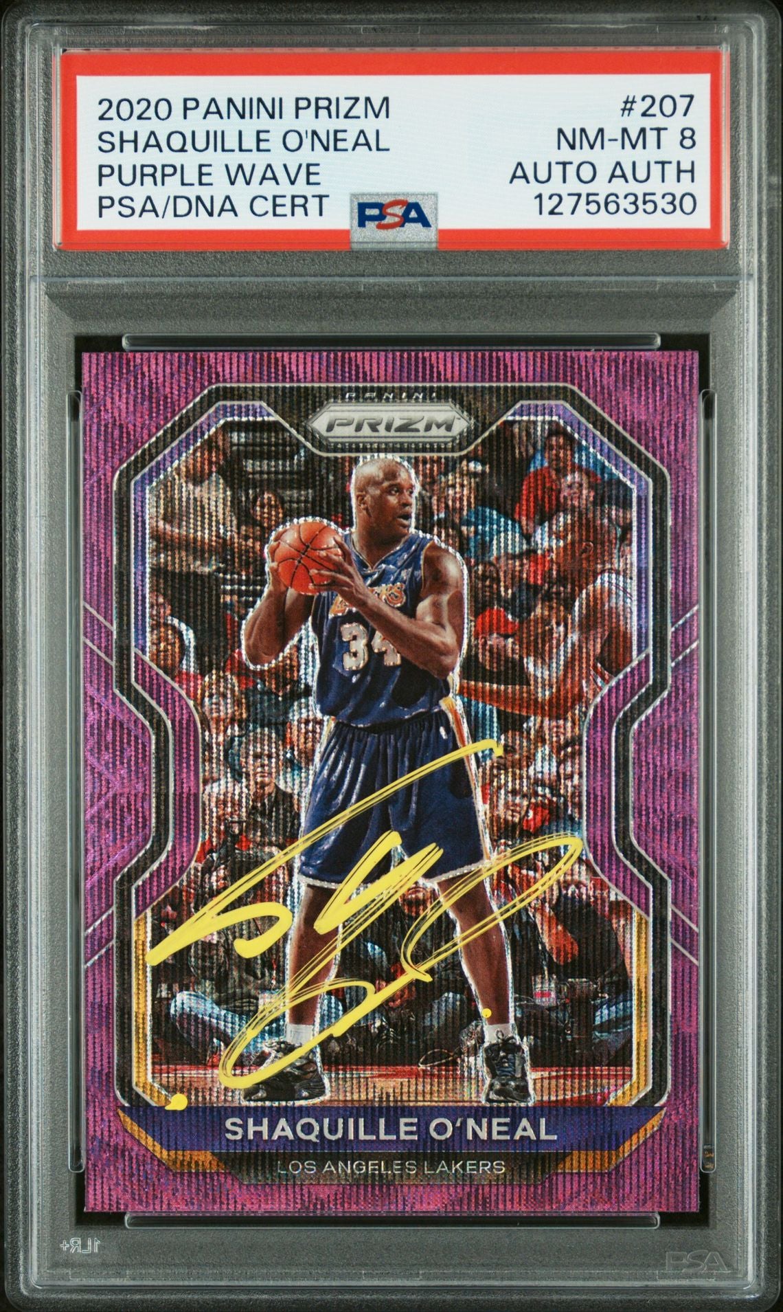 Shaquille O&#39;Neal 2020 Panini Prizm Signed Basketball Card #207 Purple Wave Graded PSA 8 Auto Auth Cert #127563530