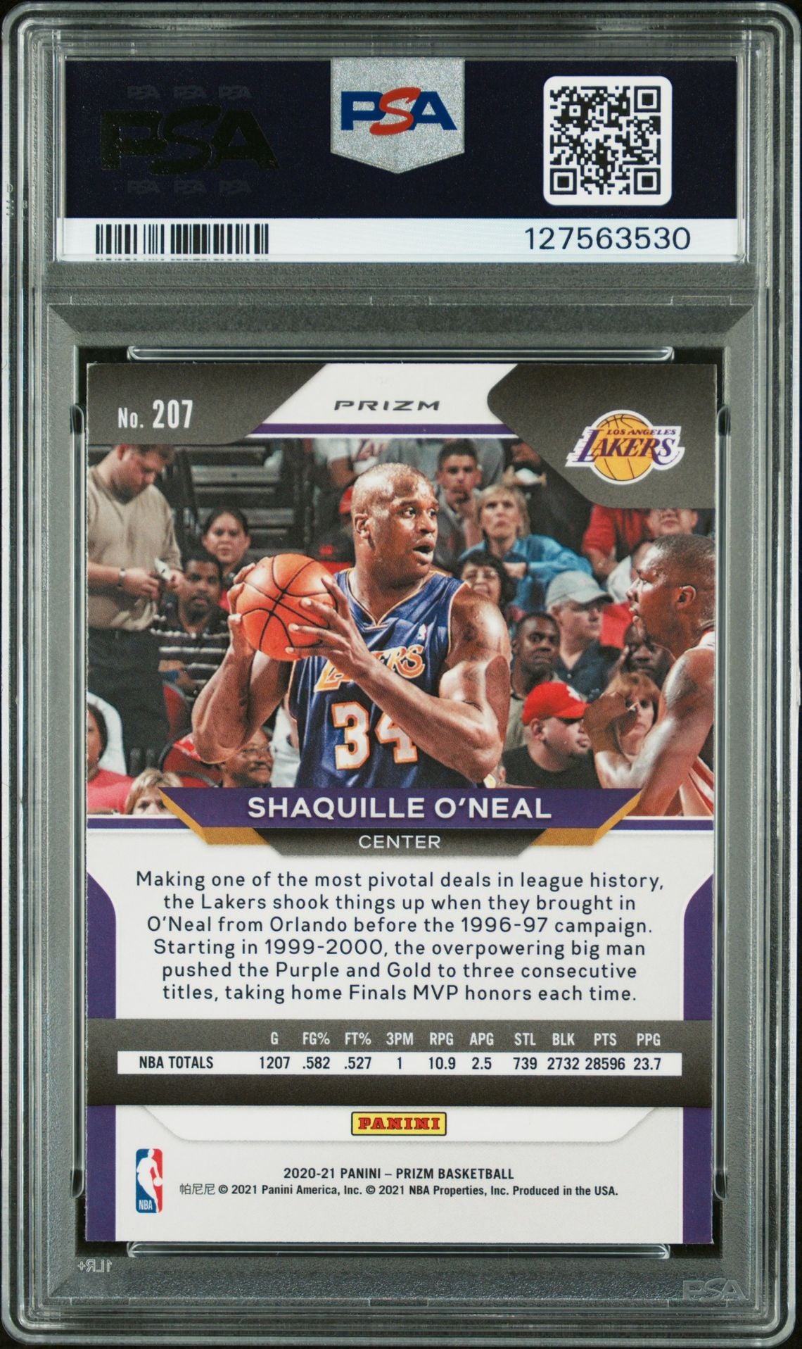 Shaquille O'Neal 2020 Panini Prizm Signed Basketball Card #207 Purple Wave Graded PSA 8 Auto Auth Cert #127563530