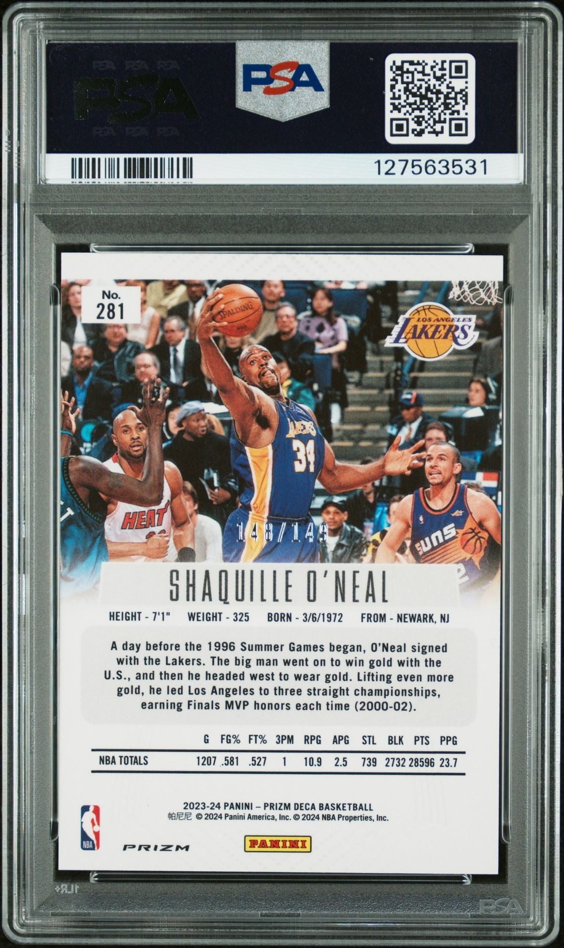 Shaquille O&#39;Neal 2023 Prizm Deca Signed Basketball Card #281 Blue Prizm Graded PSA 9 Auto Auth /149 Cert #127563531