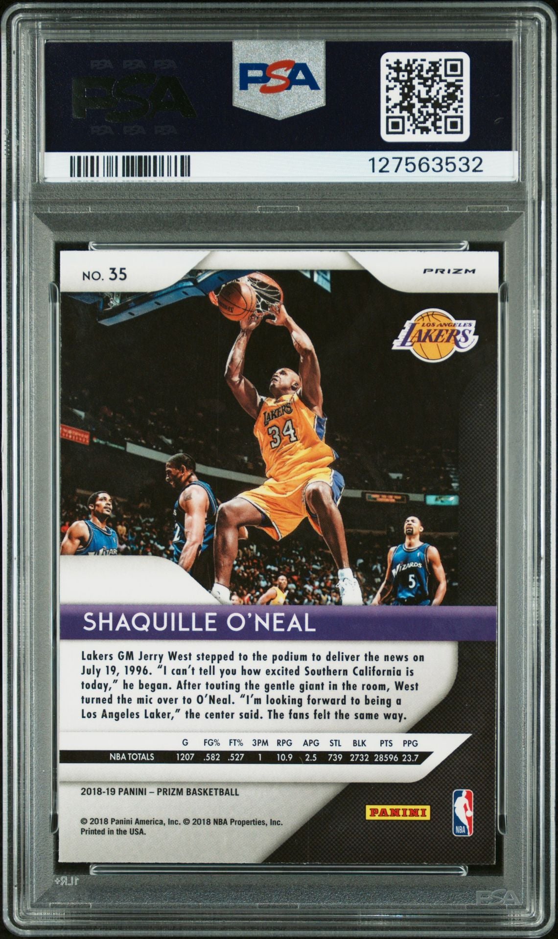 Shaquille O'Neal 2018 Panini Prizm Signed Basketball Card #35 Silver Prizm Graded PSA 9 Auto Auth Cert #127563532