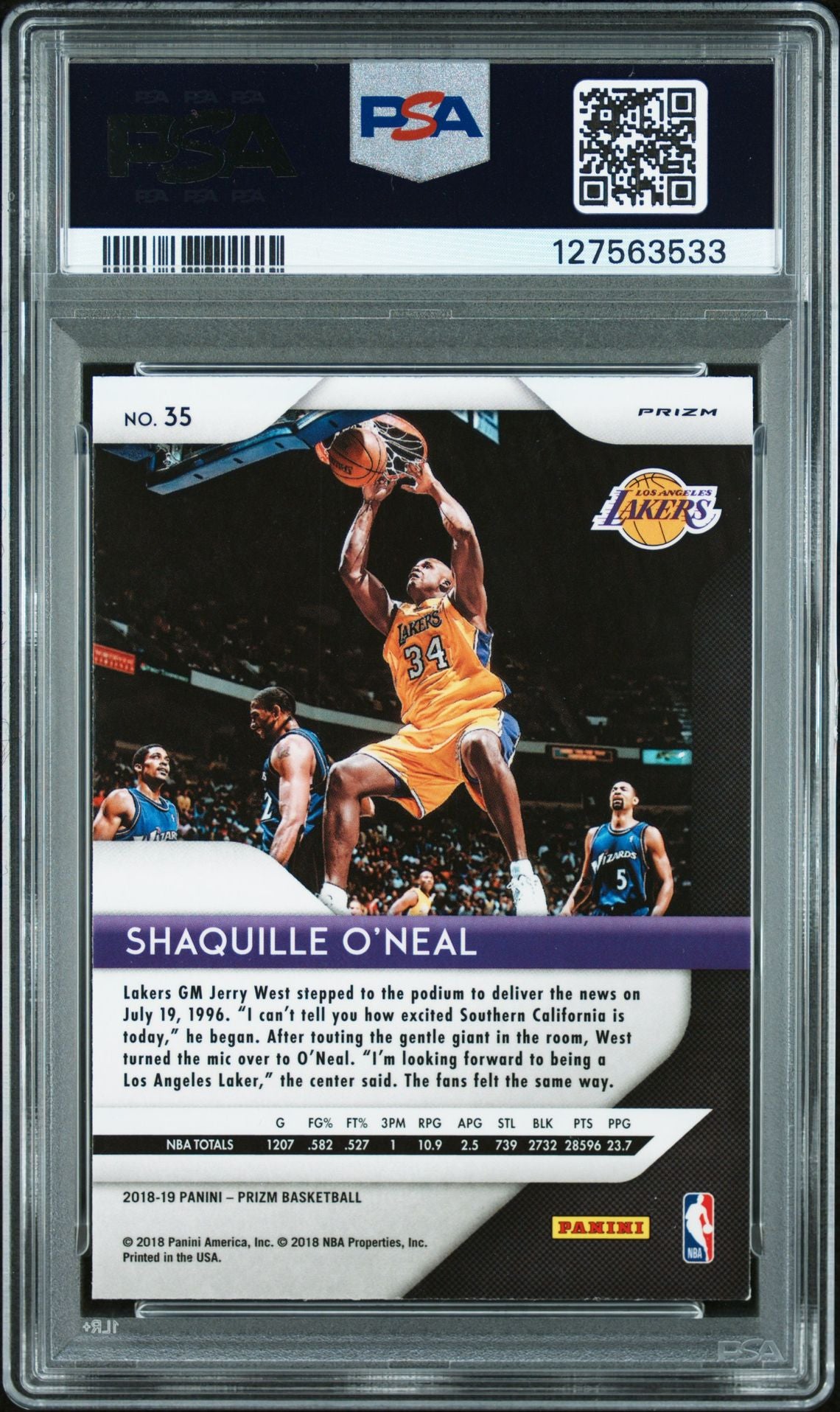 Shaquille O&#39;Neal 2018 Panini Prizm Signed Basketball Card #35 Silver Prizm Graded PSA 8 Auto Auth Cert #127563533
