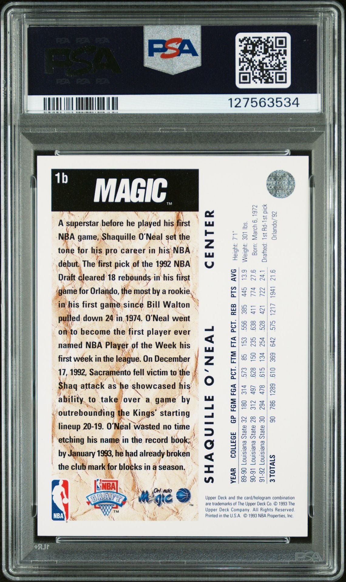 Shaquille O&#39;Neal 1992 Upper Deck Signed Basketball Rookie Card #1B Trade Card Graded PSA 7 Auto Auth Cert #127563534