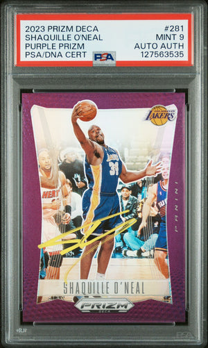 Shaquille O'Neal 2023 Prizm Deca Signed Basketball Card #281 Purple Prizm Graded PSA 9 Auto Auth /99 Cert #127563535-Powers Sports Memorabilia
