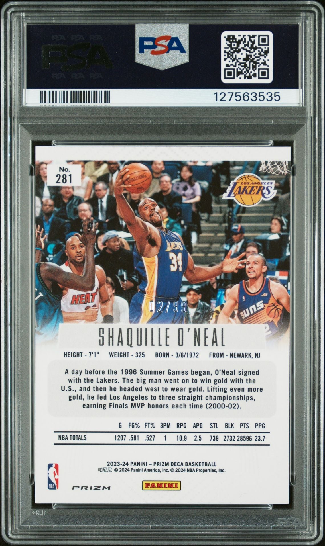 Shaquille O'Neal 2023 Prizm Deca Signed Basketball Card #281 Purple Prizm Graded PSA 9 Auto Auth /99 Cert #127563535
