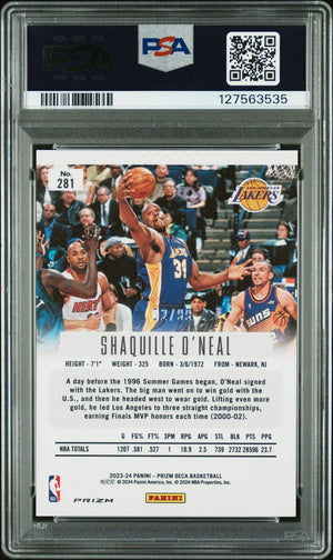 Shaquille O'Neal 2023 Prizm Deca Signed Basketball Card #281 Purple Prizm Graded PSA 9 Auto Auth /99 Cert #127563535-Powers Sports Memorabilia