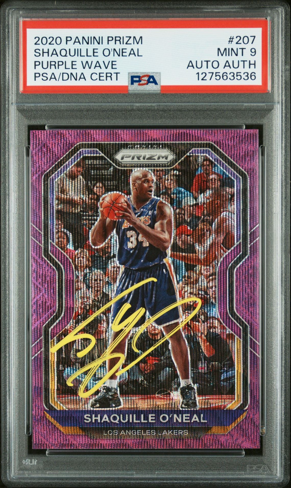 Shaquille O&#39;Neal 2020 Panini Prizm Signed Basketball Card #207 Purple Wave Graded PSA 9 Auto Auth Cert #127563536