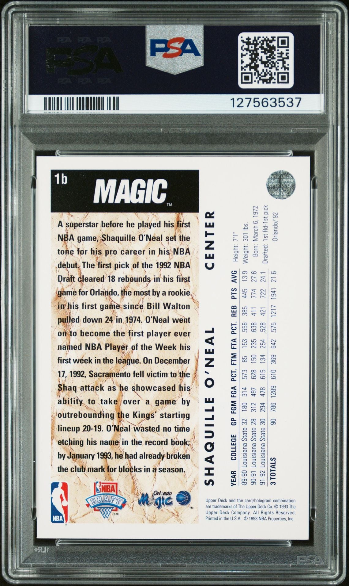Shaquille O&#39;Neal 1992 Upper Deck Signed Basketball Rookie Card #1B Trade Card Graded PSA 7 Auto Auth Cert #127563537