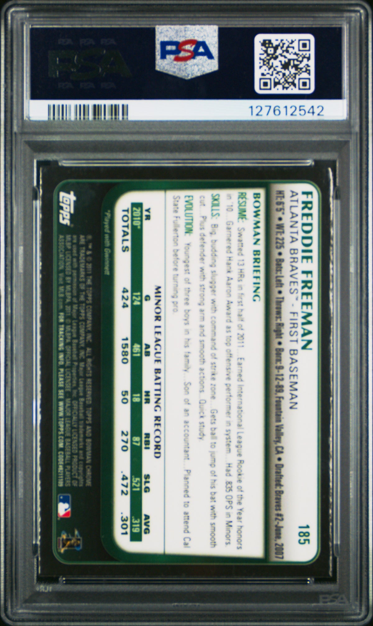 Freddie Freeman 2011 Bowman Chrome Baseball Rookie Card #185 Graded PSA 9 Cert #127612542-Powers Sports Memorabilia