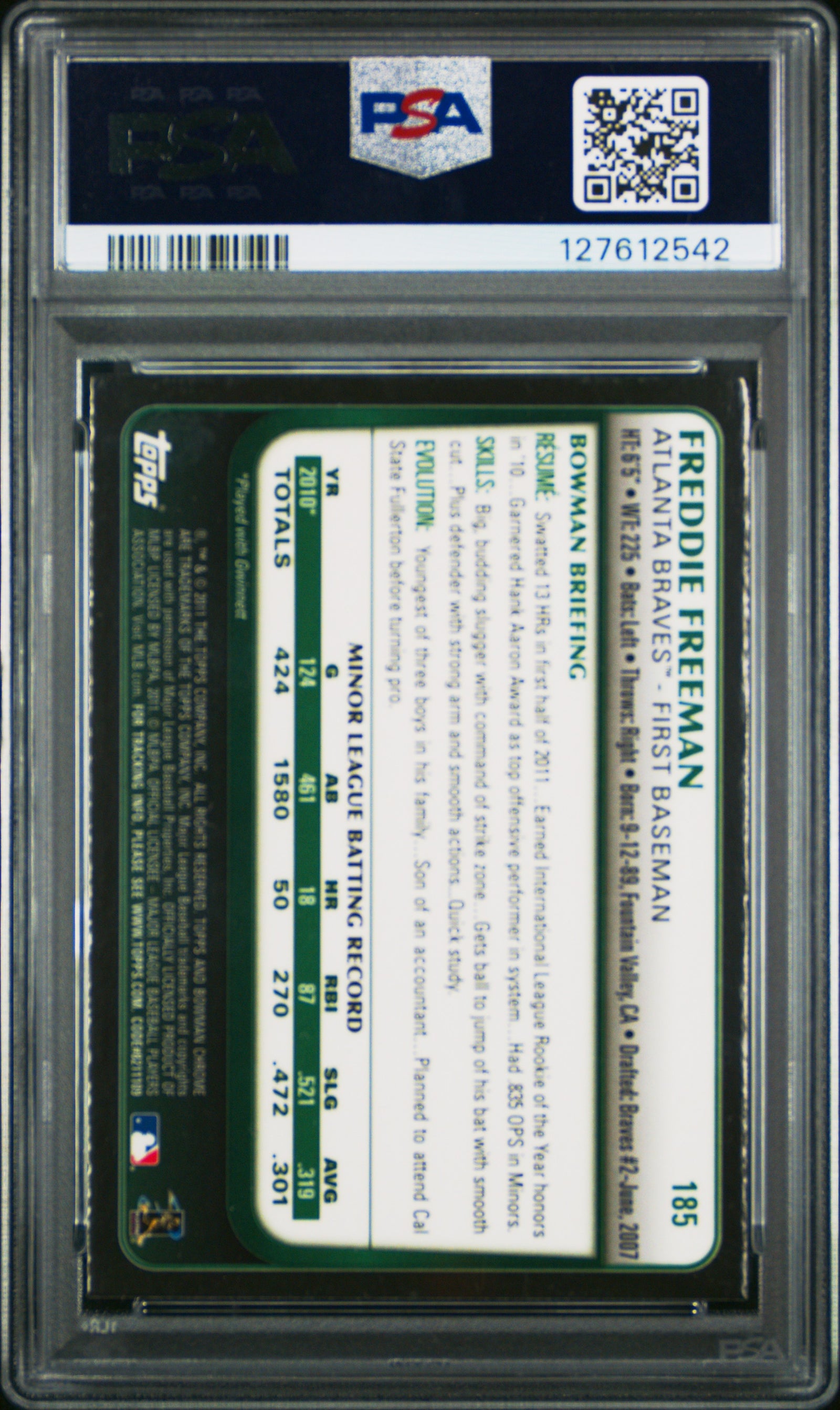 Freddie Freeman 2011 Bowman Chrome Baseball Rookie Card #185 Graded PSA 9 Cert #127612542-Powers Sports Memorabilia