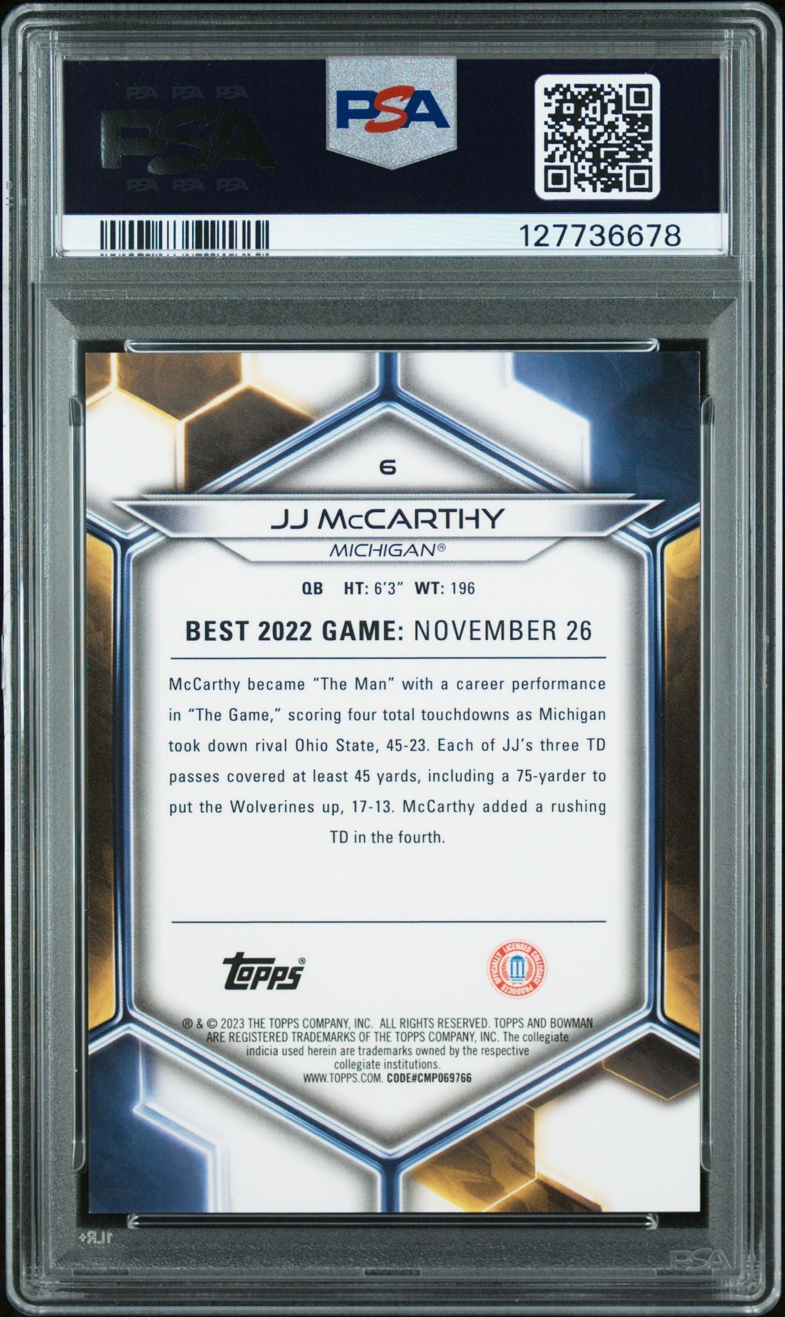 JJ McCarthy 2023 Bowman U Best Football Rookie Card #6 Graded Graded PSA 9 4/150 Cert # 127736678-Powers Sports Memorabilia