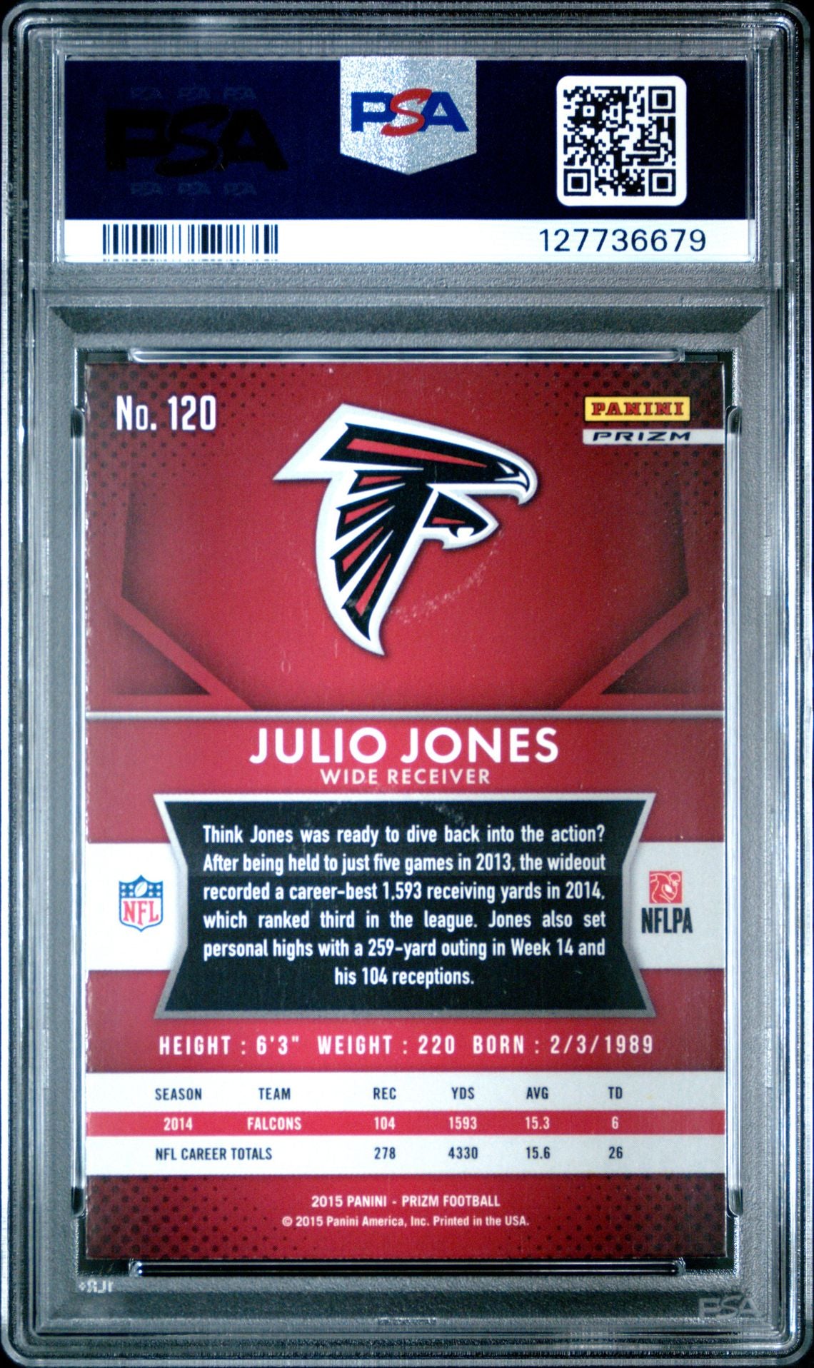 Julio Jones 2015 Panini Prizm Red Football Card #120 Graded PSA 10 Cert # 127736679-Powers Sports Memorabilia