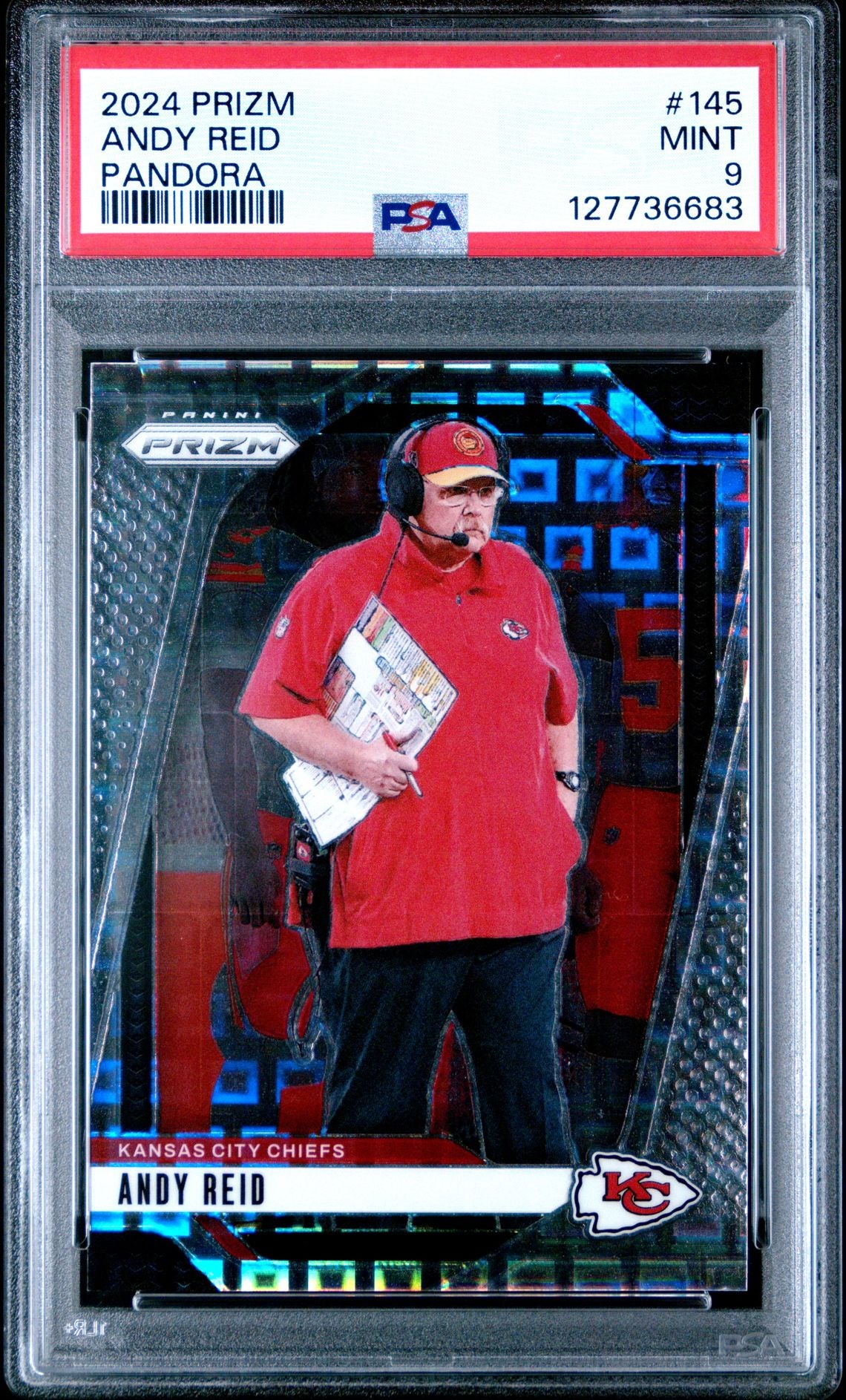 Andy Reid 2024 Prizm Pandora Football Card #145 Graded PSA 9 /400 Cert #1277736683-Powers Sports Memorabilia