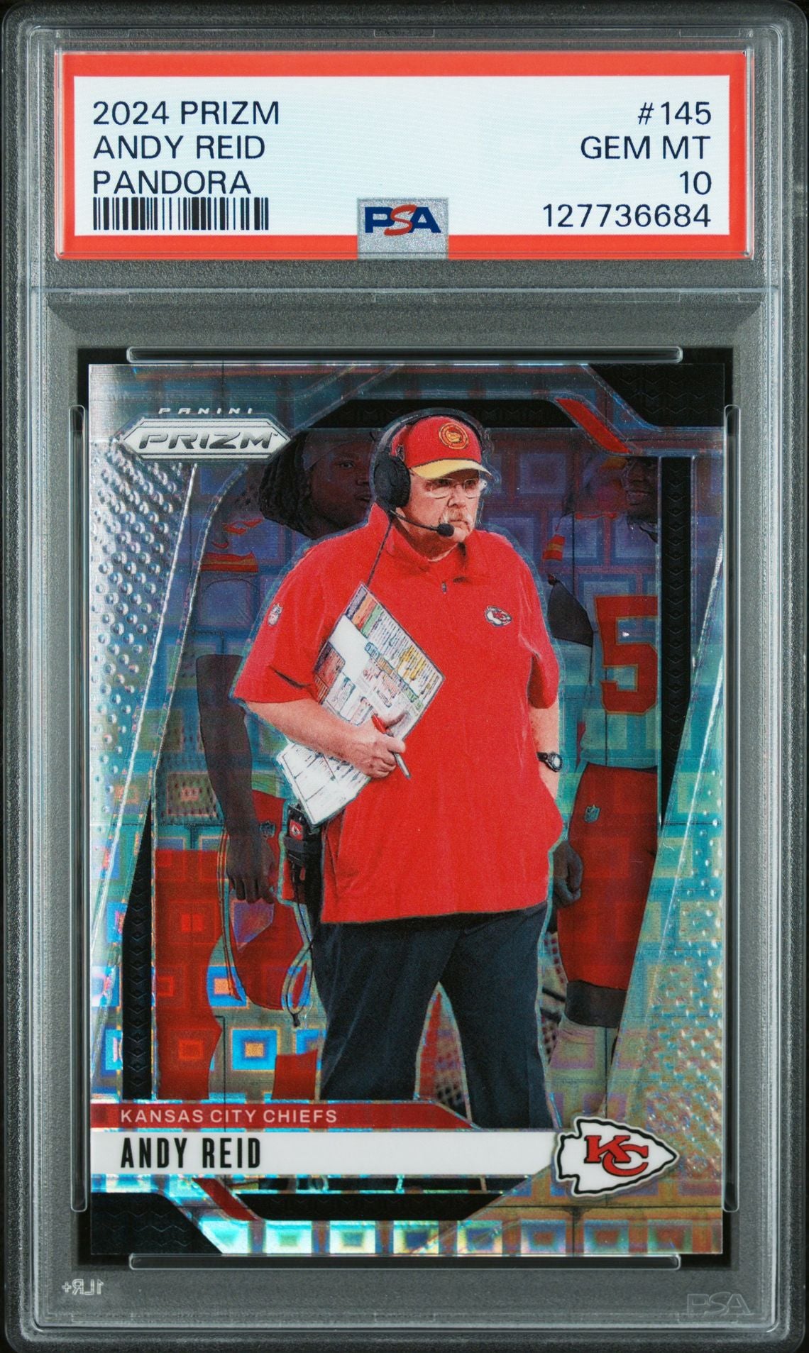 Andy Reid 2024 Prizm Pandora Football Card #145 Graded PSA 10 /400 Cert #1277736684-Powers Sports Memorabilia