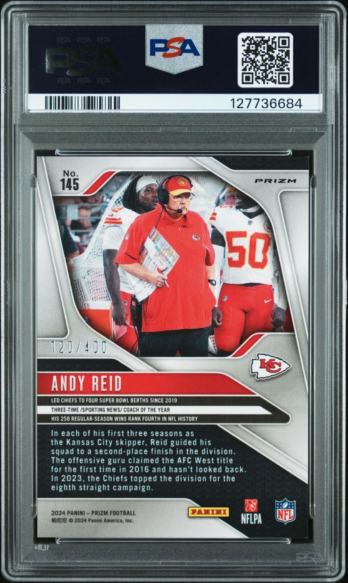Andy Reid 2024 Prizm Pandora Football Card #145 Graded PSA 10 /400 Cert #1277736684-Powers Sports Memorabilia