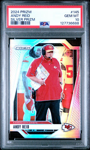Andy Reid 2024 Prizm Silver Football Card #145 Graded PSA 10 Cert #1277736688-Powers Sports Memorabilia