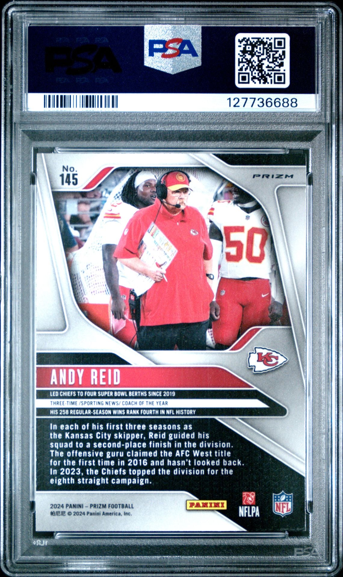 Andy Reid 2024 Prizm Silver Football Card #145 Graded PSA 10 Cert #1277736688-Powers Sports Memorabilia
