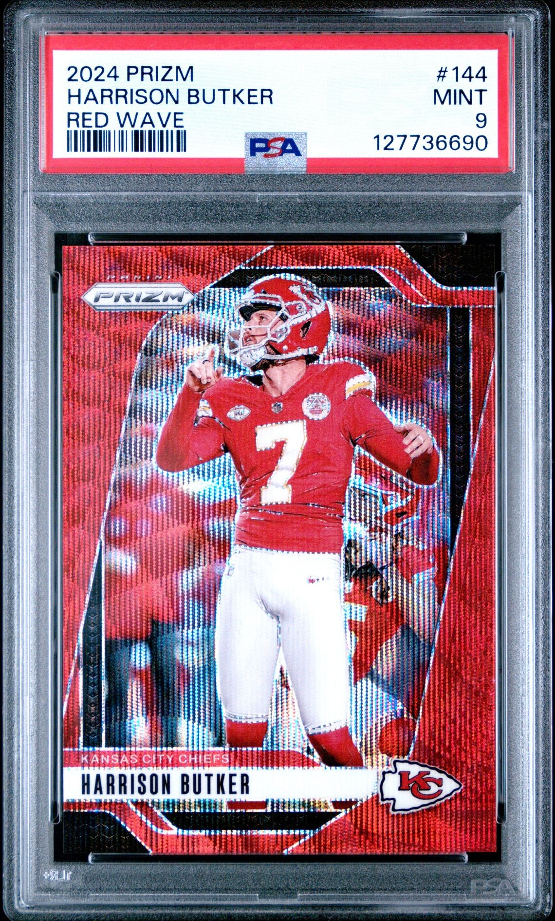 Harrison Butker 2024 Prizm Red Wave Football Card #144 Graded PSA 9 Cert #1277736690-Powers Sports Memorabilia