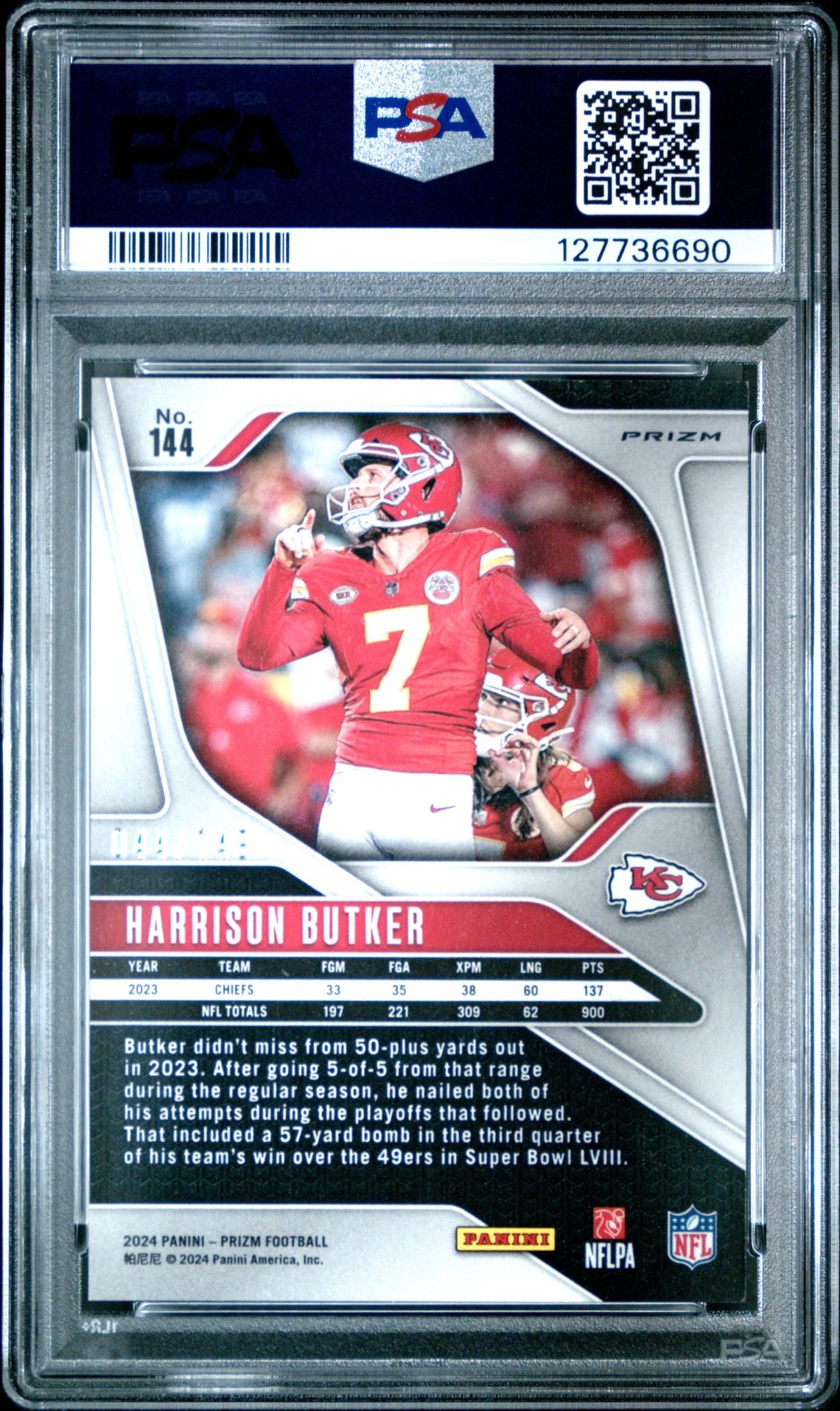 Harrison Butker 2024 Prizm Red Wave Football Card #144 Graded PSA 9 Cert #1277736690-Powers Sports Memorabilia