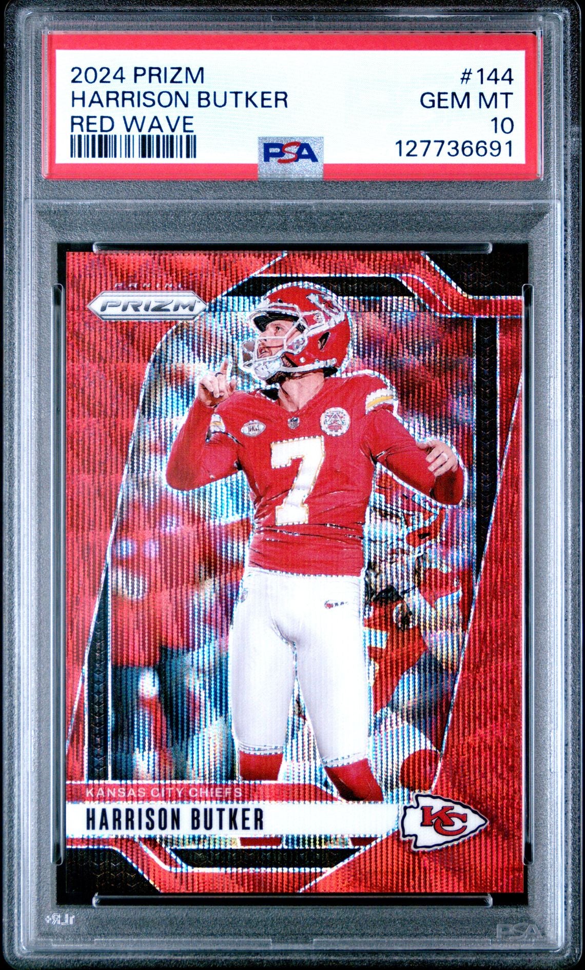 Harrison Butker 2024 Prizm Red Wave Football Card #144 Graded PSA 10 Cert #1277736691-Powers Sports Memorabilia