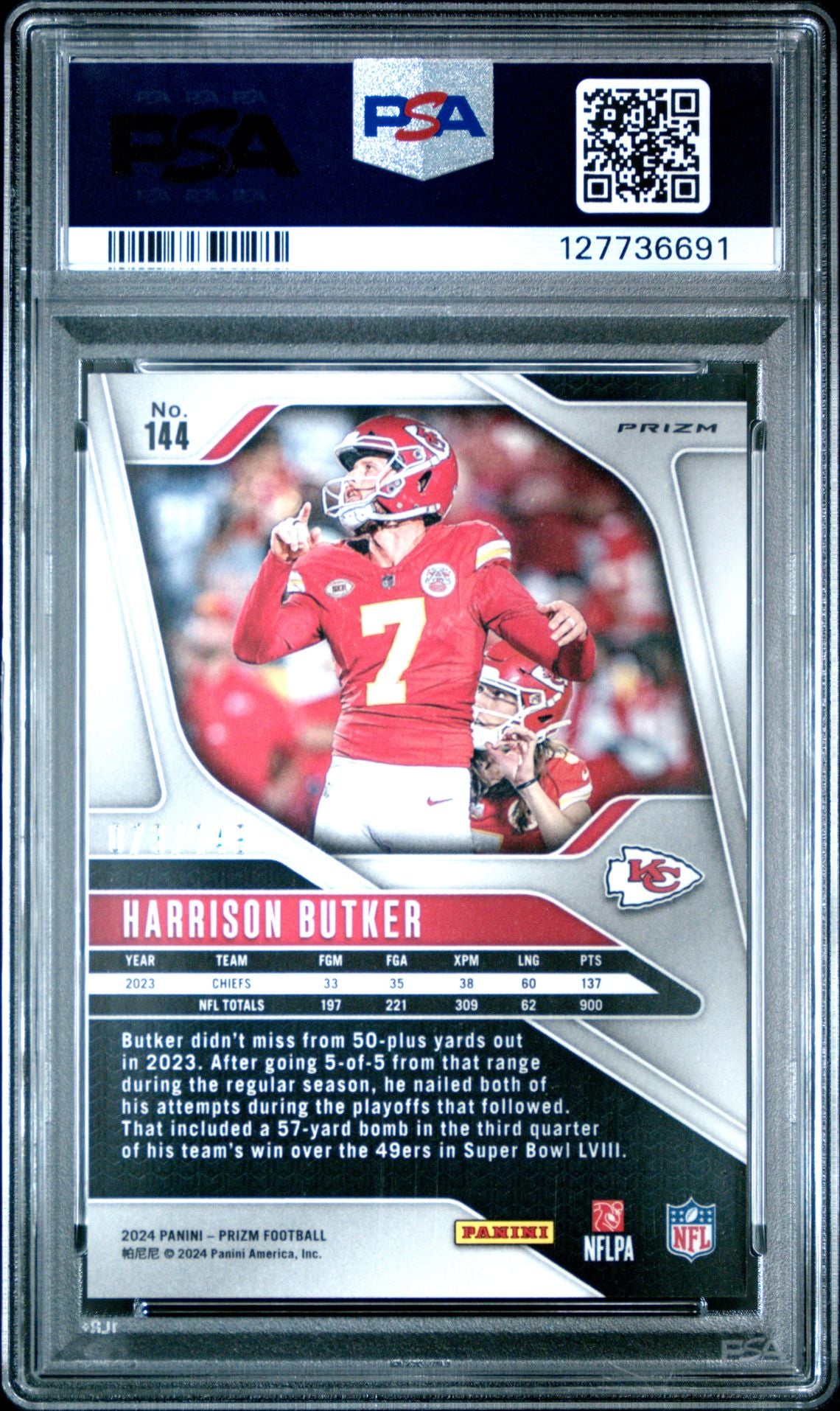 Harrison Butker 2024 Prizm Red Wave Football Card #144 Graded PSA 10 Cert #1277736691-Powers Sports Memorabilia