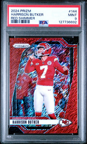 Harrison Butker 2024 Prizm Red Shimmer Football Card #144 Graded PSA 9 /35 Cert #1277736692-Powers Sports Memorabilia
