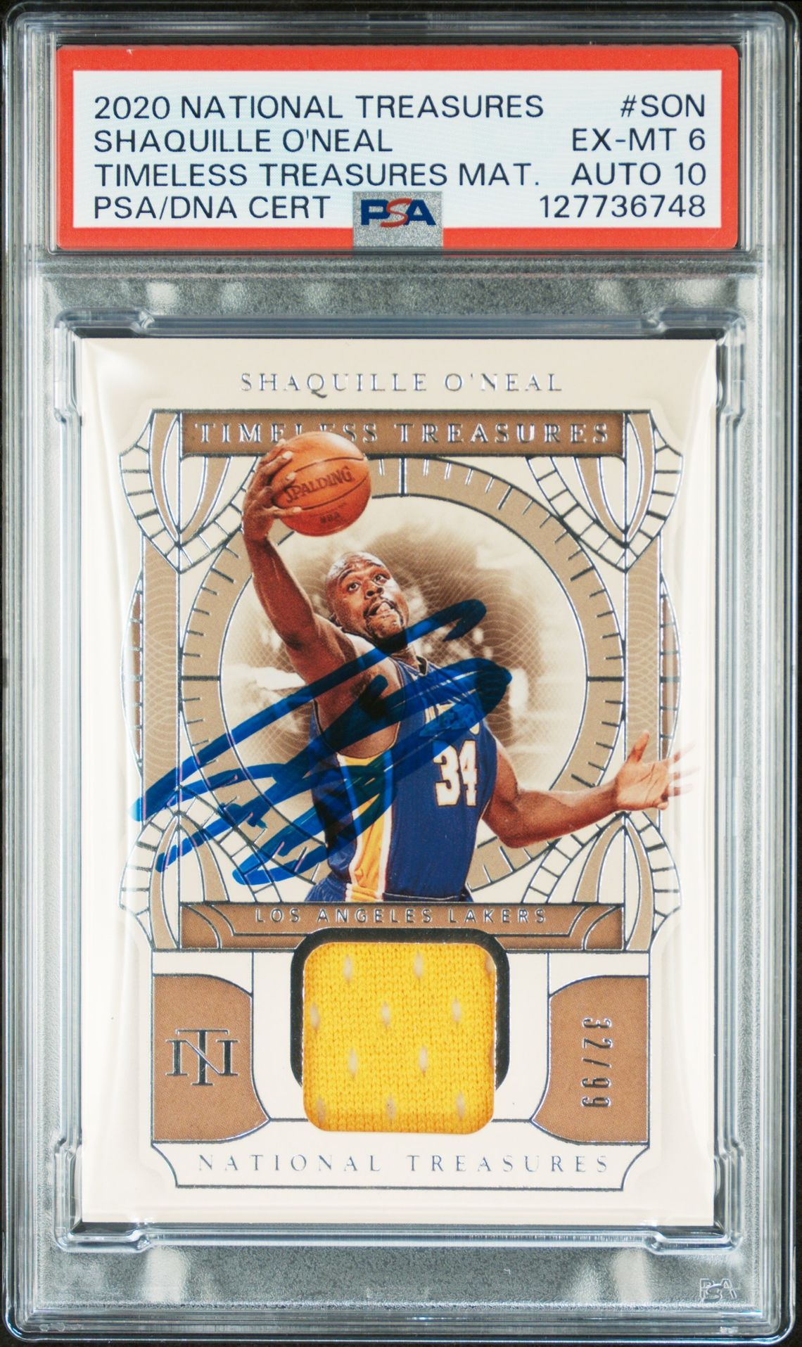 Shaquille O'Neal 2020 National Treasures Timeless Treasures Materials Game Used Signed Basketball Card #SON Graded PSA 6 Auto 10 Cert #127736748-Powers Sports Memorabilia