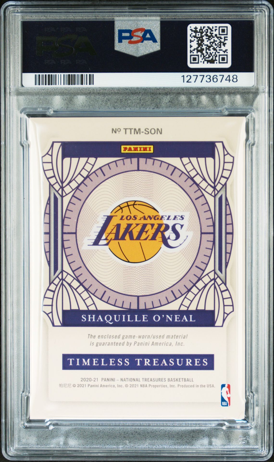 Shaquille O'Neal 2020 National Treasures Timeless Treasures Materials Game Used Signed Basketball Card #SON Graded PSA 6 Auto 10 Cert #127736748-Powers Sports Memorabilia