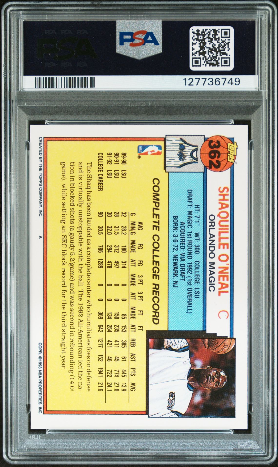 Shaquille O'Neal 1992 Topps Signed Basketball Rookie Card #362 Graded PSA 9 Auto 10 Cert #127736749-Powers Sports Memorabilia