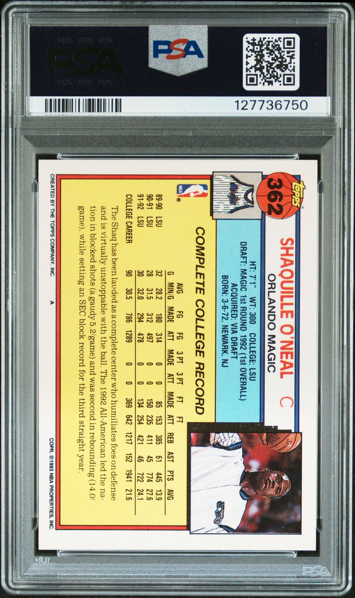 Shaquille O'Neal 1992 Topps Signed Basketball Rookie Card #362 Graded PSA 6 Auto 10 Cert #127736750-Powers Sports Memorabilia