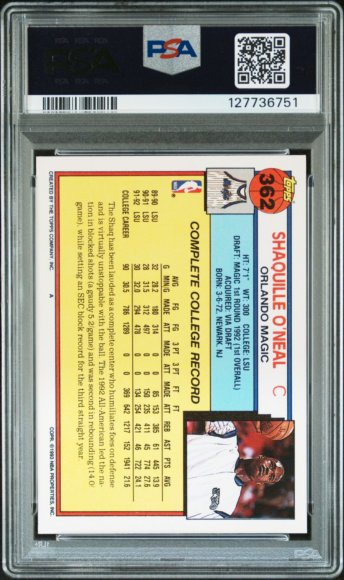 Shaquille O'Neal 1992 Topps Signed Basketball Rookie Card #362 Graded PSA 6 Auto 10 Cert #127736751-Powers Sports Memorabilia