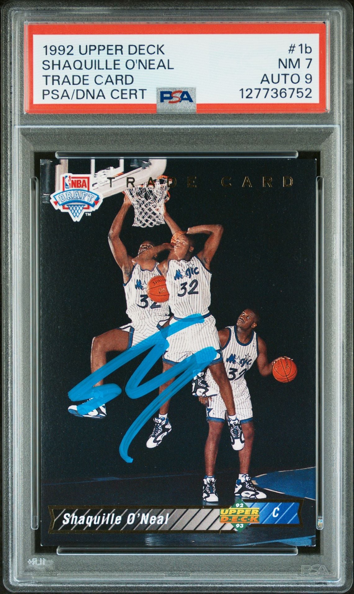 Shaquille O'Neal 1992 Upper Deck Trade Card Signed Basketball Rookie Card #1b Graded PSA 7 Auto 9 Cert #127736752-Powers Sports Memorabilia