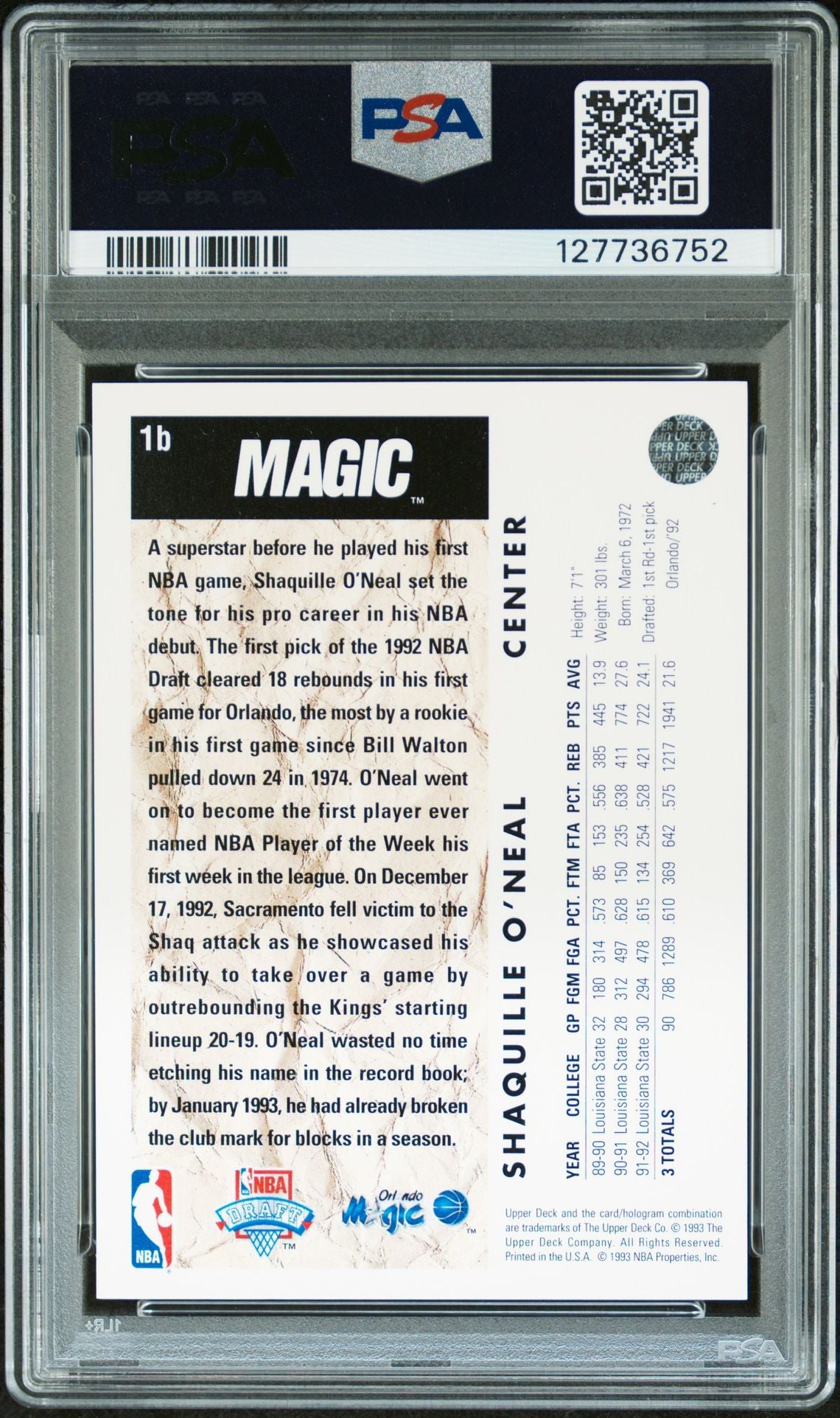 Shaquille O'Neal 1992 Upper Deck Trade Card Signed Basketball Rookie Card #1b Graded PSA 7 Auto 9 Cert #127736752-Powers Sports Memorabilia