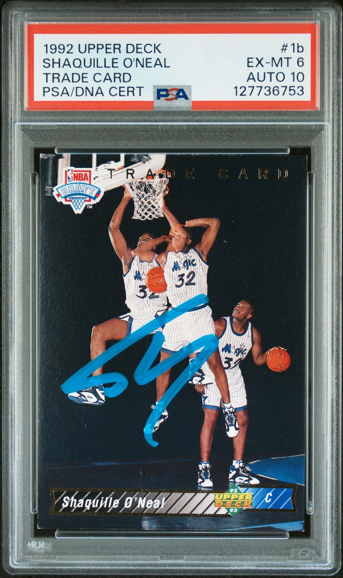 Shaquille O'Neal 1992 Upper Deck Trade Card Signed Basketball Rookie Card #1b Graded PSA 6 Auto 10 Cert #127736753-Powers Sports Memorabilia