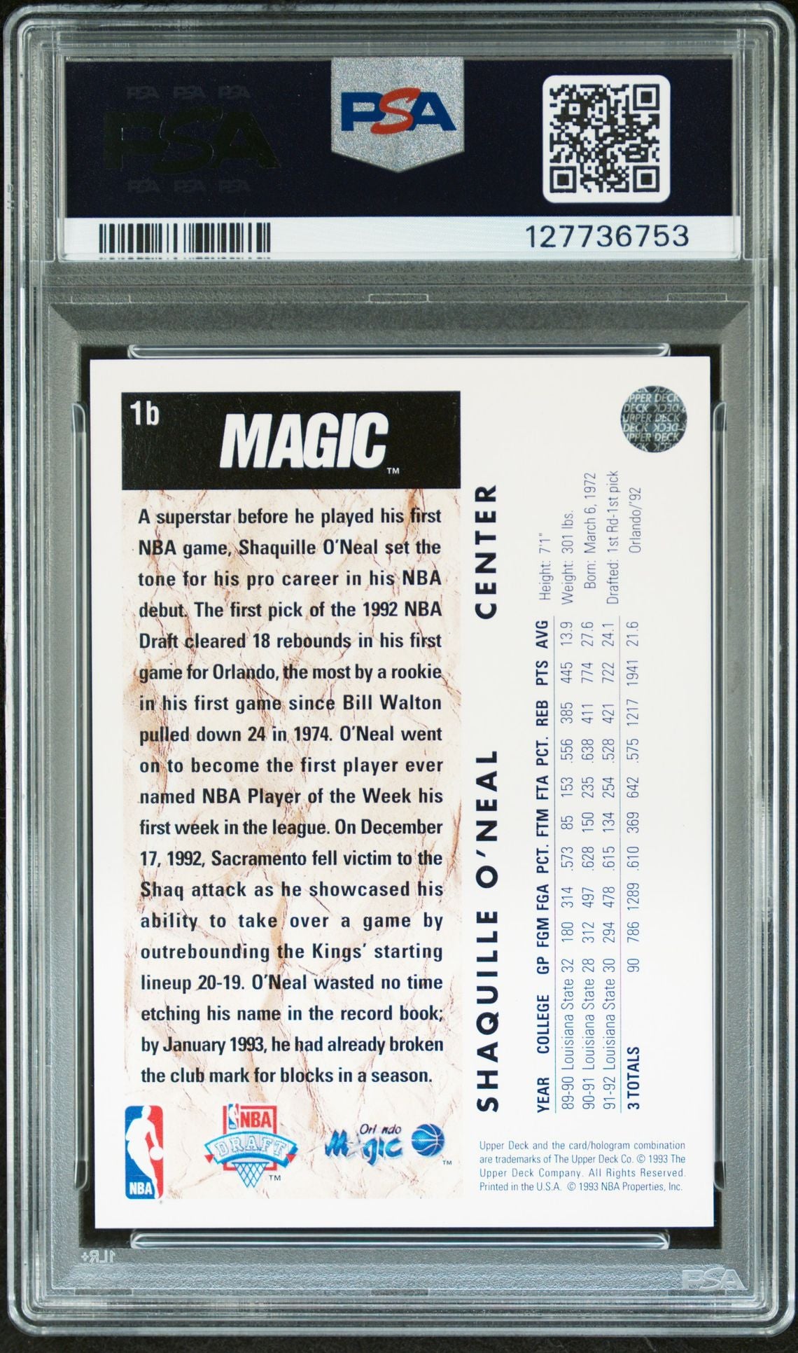 Shaquille O'Neal 1992 Upper Deck Trade Card Signed Basketball Rookie Card #1b Graded PSA 6 Auto 10 Cert #127736753-Powers Sports Memorabilia