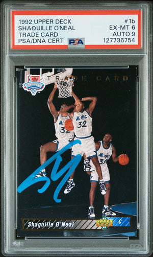 Shaquille O'Neal 1992 Upper Deck Trade Card Signed Basketball Rookie Card #1b Graded PSA 6 Auto 9 Cert #127736754-Powers Sports Memorabilia
