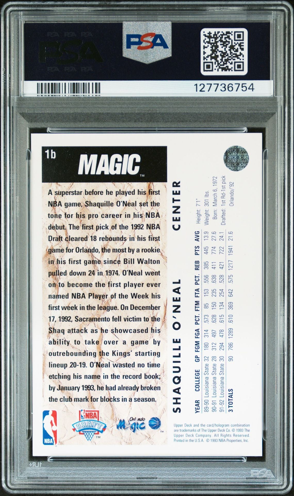 Shaquille O'Neal 1992 Upper Deck Trade Card Signed Basketball Rookie Card #1b Graded PSA 6 Auto 9 Cert #127736754-Powers Sports Memorabilia