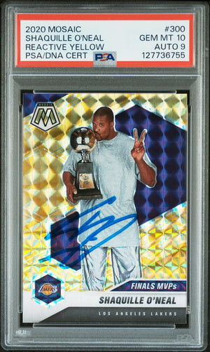 Shaquille O'Neal 2020 Panini Mosaic Reactive Yellow Finals MVPs Signed Basketball Card #300 Graded PSA 10 Auto 9 Cert #127736755-Powers Sports Memorabilia