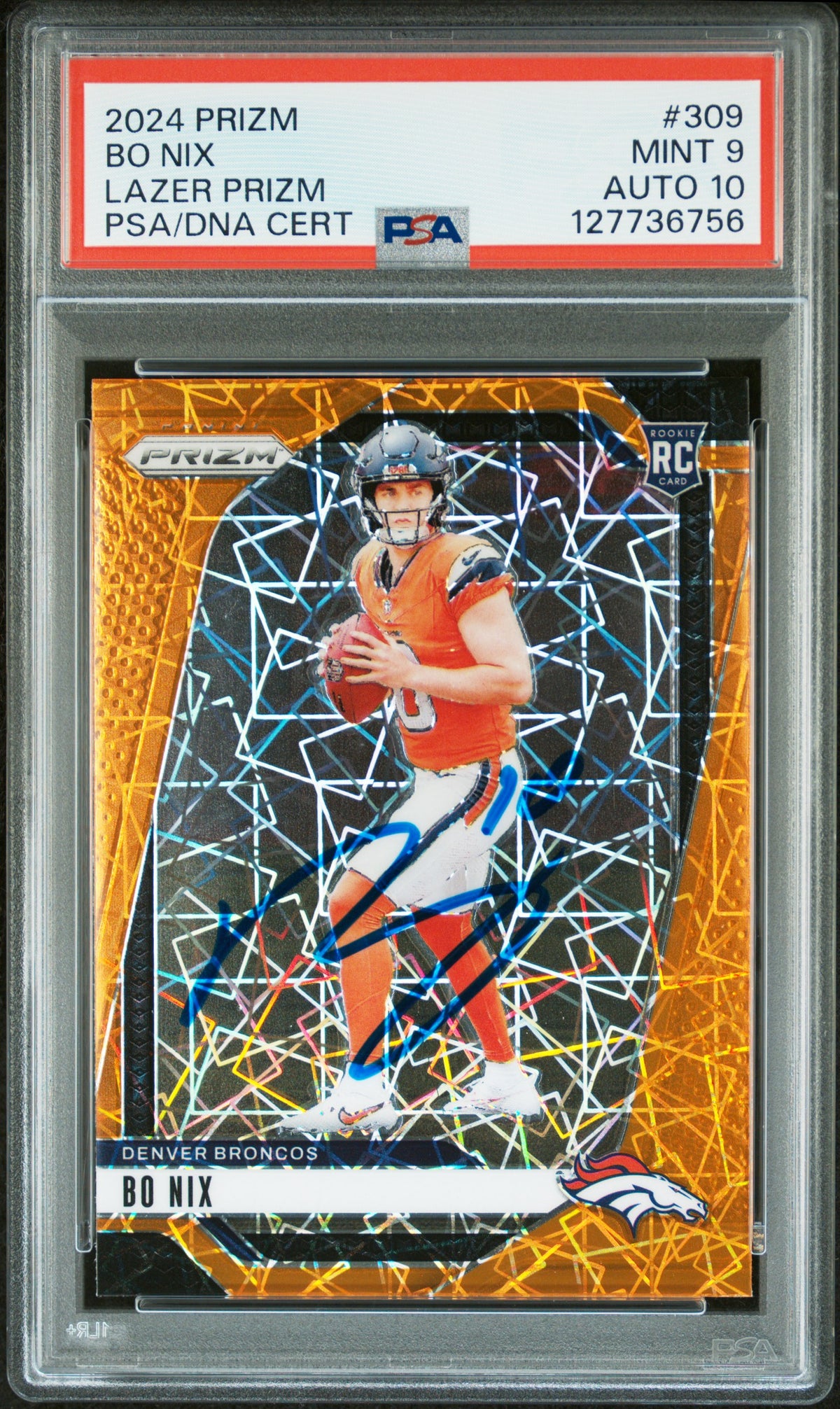 Bo Nix 2024 Panini Prizm Lazer Signed Rookie Football Card #309 Graded PSA 9 Auto 10 Cert #127736756-Powers Sports Memorabilia