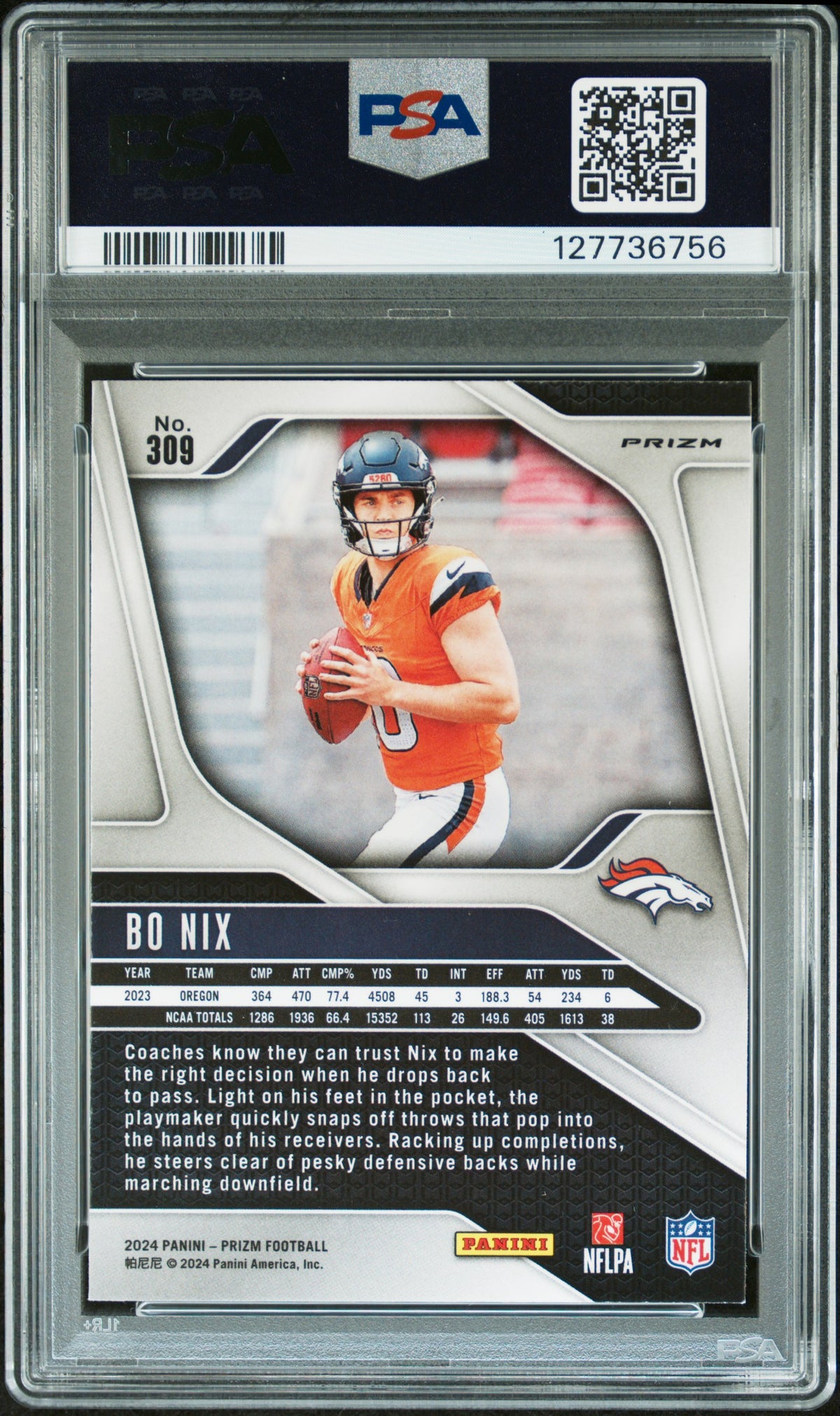 Bo Nix 2024 Panini Prizm Lazer Signed Rookie Football Card #309 Graded PSA 9 Auto 10 Cert #127736756-Powers Sports Memorabilia