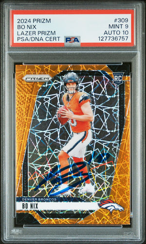 Bo Nix 2024 Prizm Lazer Signed Football Rookie Card #309 Graded PSA 9 Auto 10 Cert #127736757