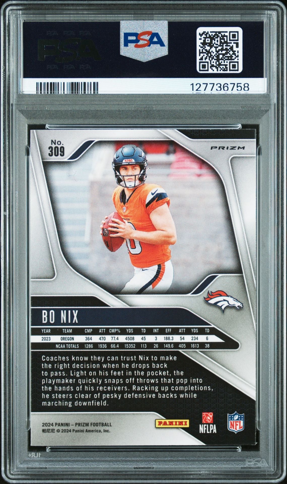 Bo Nix 2024 Prizm Lazer Signed Football Rookie Card #309 Graded PSA 7 Auto 10 Cert #127736758
