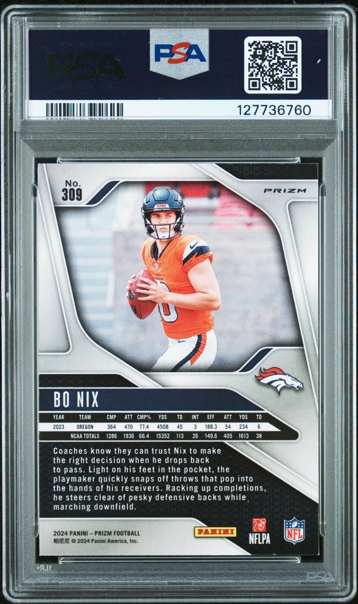 Bo Nix 2024 Prizm Silver Signed Football Rookie Card #309 Graded PSA 9 Auto 10 Cert #127736760